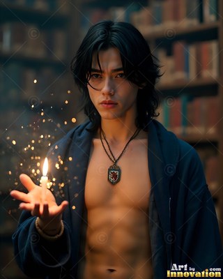 A young shirtless man in a dark blue robe holds a small lit candle in a library