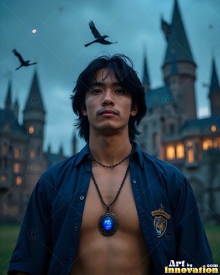 Outside a castle, a man in an open blue uniform shirt stands beneath flying black ravens