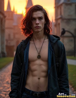 Walking at sunset, a shirtless young man wears an open dark jacket by castle walls