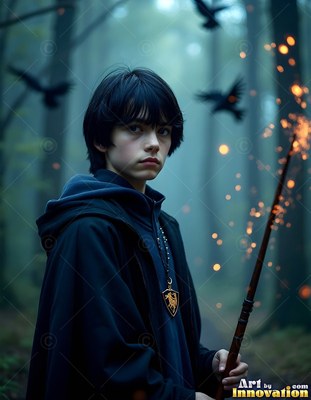 Wearing a dark hooded cloak in misty woods, a young man has in his hands a wand as ravens fly by