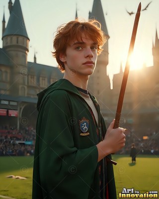 A young man in a green hooded robe holds a long wand against warm sunlight