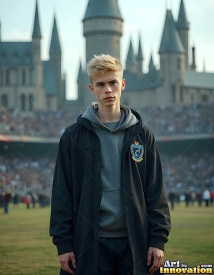 Facing forward, a blond young man stands outside a stone castle on a field