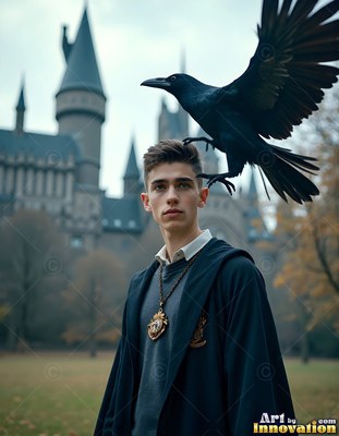 A young man in a dark robe watches a black raven fly over him near a castle