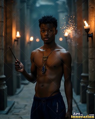In a torchlit stone hallway, a shirtless young man carries a small wand