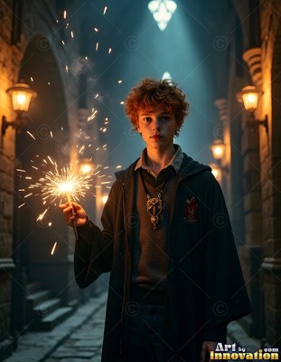 Holding a sparkler, a young red-haired man in a dark robe stands in a stone corridor