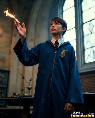 A young man in a blue robe holding a wand tipped with fire