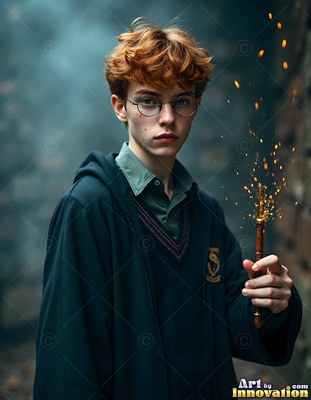 Curly red hair frames a young man in dark robes who holds a spark-tipped wand in a foggy alley