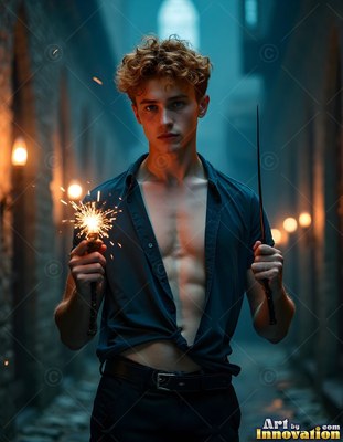 A man stands holding two wands with warm yellow sparks shining in a blue alley