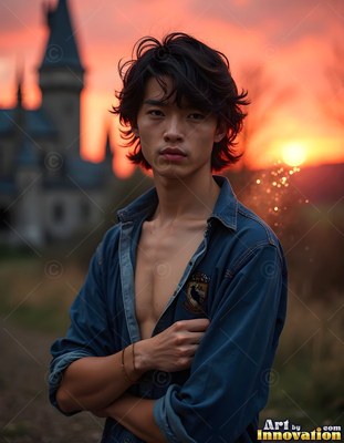 Arms crossed, a young man in an open denim shirt stands outside a castle at sunset