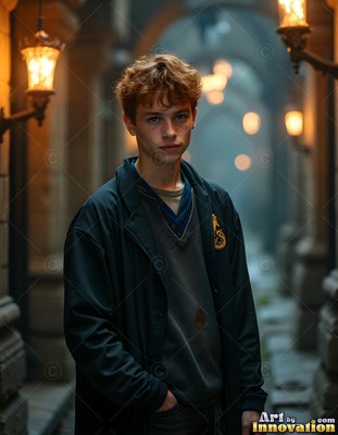 A young man with messy reddish hair stands in a dim stone hallway by warm lanterns