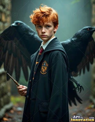 In a stone corridor, a young red-haired man in a black robe holds a wand near two ravens