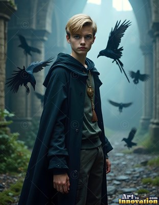 Standing in a stone archway, a young blond man in a dark cloak watches flying black ravens