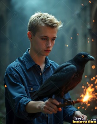 Blond young man in a blue shirt holds a black raven on his arm