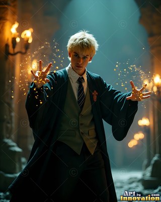 Blond hair falling over his forehead, a young man casts sparks in a dark stone hallway