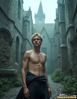 A shirtless man poses standing on a cobblestone alley in cool gray morning light