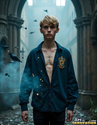 Facing forward in a stone courtyard, a young man stands near flying ravens