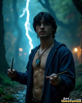 A shirtless young man in a dark blue robe holds two wands in front of lightning