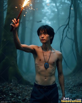In a misty dark forest, a shirtless young man clasps up a burning sparkler torch
