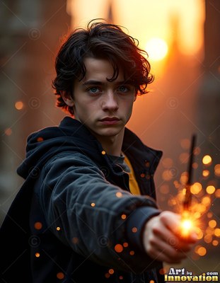 Aiming a sparking wand, a young man in a dark jacket stands at sunset
