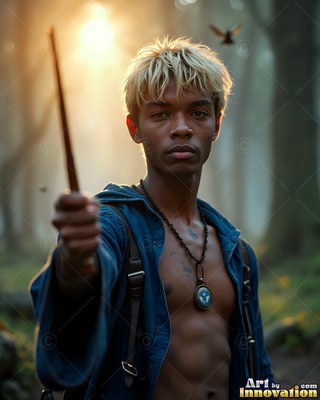 Blond man in blue robes holding a wand in the woods