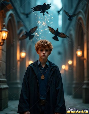 A gold medallion hangs on a young man in a dark robe as ravens fly above him in a courtyard