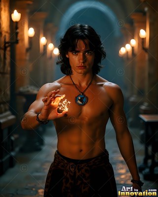 A shirtless man holds bright sparks in his palm under warm torchlight in a hall