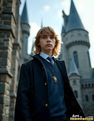 Standing upright outside a castle, a young blond man looks into the distance