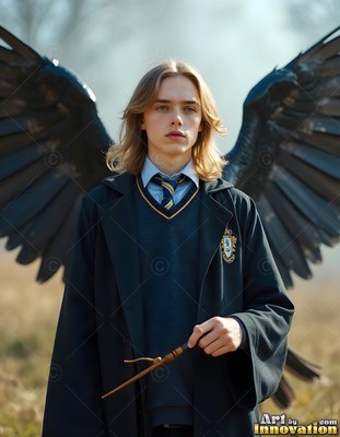 A young blond man in blue robes holds a wand before a black raven with open wings