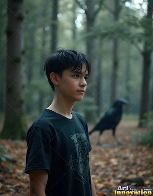 In a dim forest, a young man in a dark shirt stands near a black raven