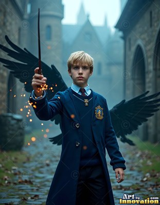 Holding a wand with sparks, a young blond man in a blue coat stands before black wings