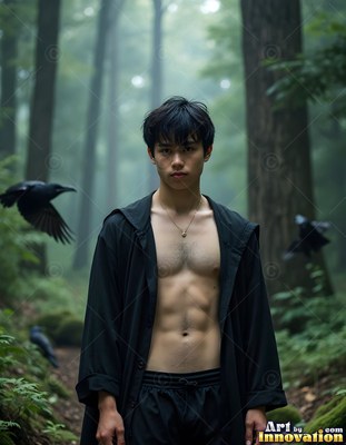 Shirtless man in an open black robe stands in misty woods with ravens