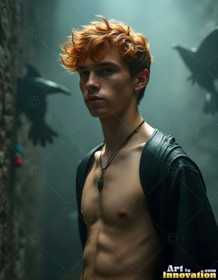 Messy red hair tops a shirtless young man in a dark open robe near castle stone walls