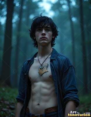 A young man stands in a dark forest wearing an open shirt in cool blue light
