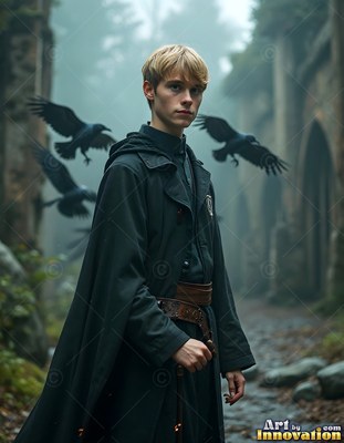 Standing in a misty courtyard, a blond young man in black robes watches ravens fly