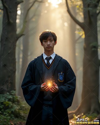A young man in school robes holds bright sparks in a misty forest