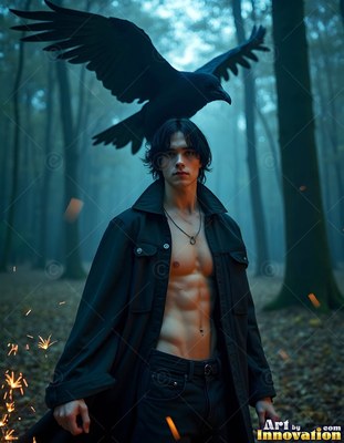 In a misty forest, a shirtless man in a dark coat stands under a flying raven