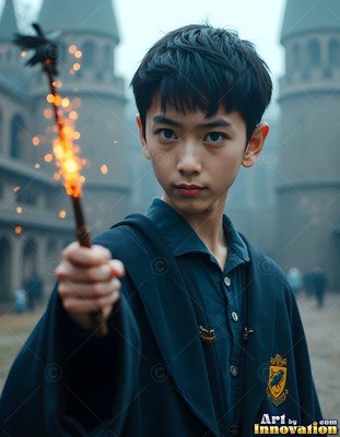Aiming a sparking wand, a young man in black robes stands outside a castle courtyard