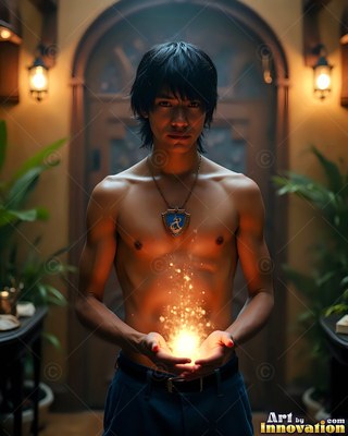 Shirtless young man holding yellow sparks in his cupped hands indoors