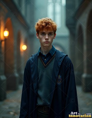 Curly red hair tops a young man in dark blue robes standing in a stone castle hallway