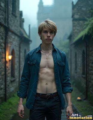 A blond young man stands on a misty street wearing an open teal shirt in dim light