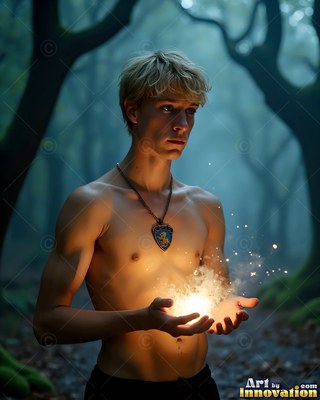 Facing forward in dark woods, a shirtless young man has in his hands bright light in his hands