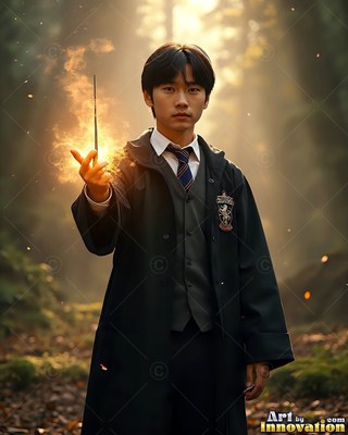 A young man in a black school robe holds up a wand sparking with bright fire in a sunny forest