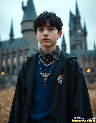 Outside a stone castle, a young man poses standing in a dark robe and blue sweater