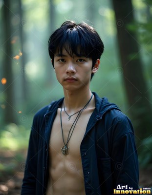 Standing in a dim green forest, a young man wears an open black shirt and necklaces