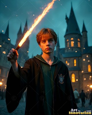 Young man in a black robe holding up a flaming wand by a castle