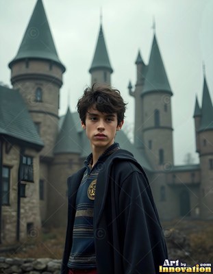 A dark cape covers the shoulder of a young man standing outside a stone castle yard