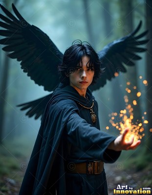 A young man holds out his palm before a black raven, scattering bright yellow sparks