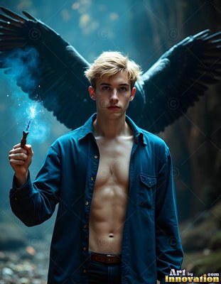 Facing forward in the woods, a man holds a smoking wand before black raven wings
