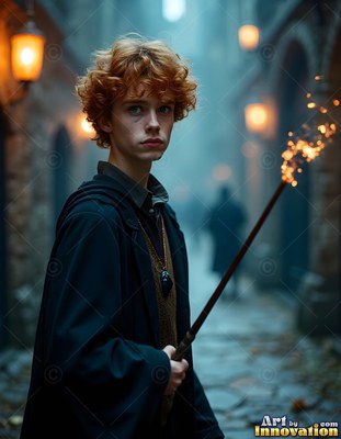 A young man with curly red hair holds a sparking wand on a dim stone street