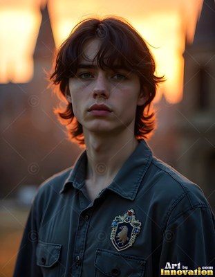 Outside a castle at sunset, a young man stands in a dark collared shirt